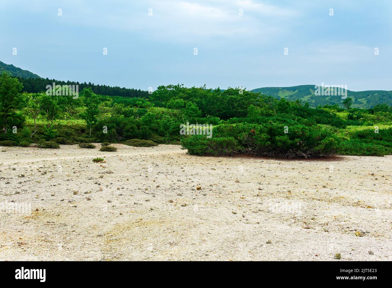 Paysage de l'île de Kunashir, tephra plage d'un lac chaud au fond du volcan de Golovnin caldera Banque D'Images