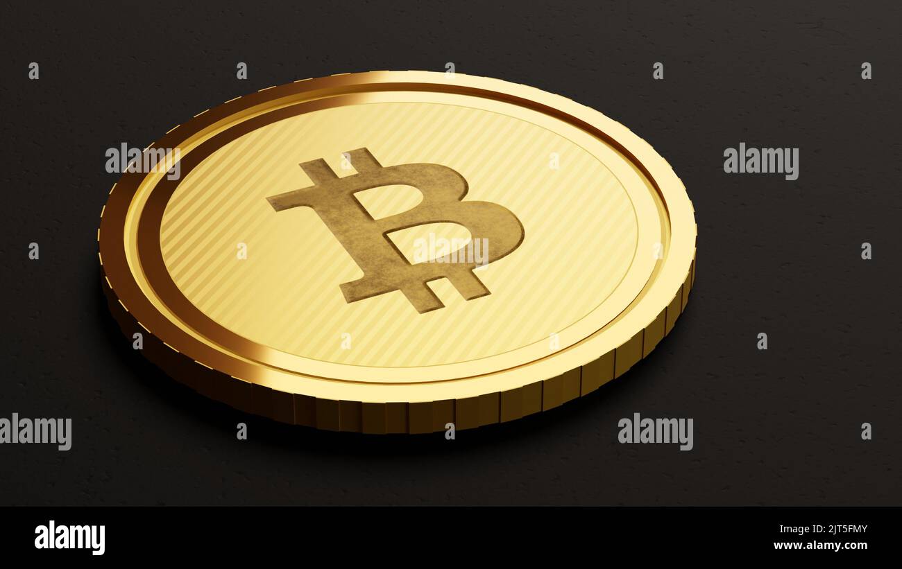 Pièce de monnaie Bitcoin dorée sur fond noir avec espace de copie Banque D'Images