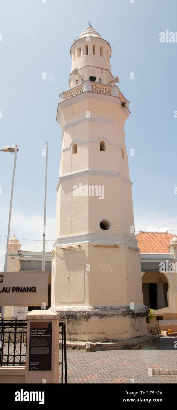 Minaret, Masjid Melayu (Jamek) Lebuh Acheh Pulau Pinang, Mosquée, George Town, Penang, Malaisie, Asie Banque D'Images