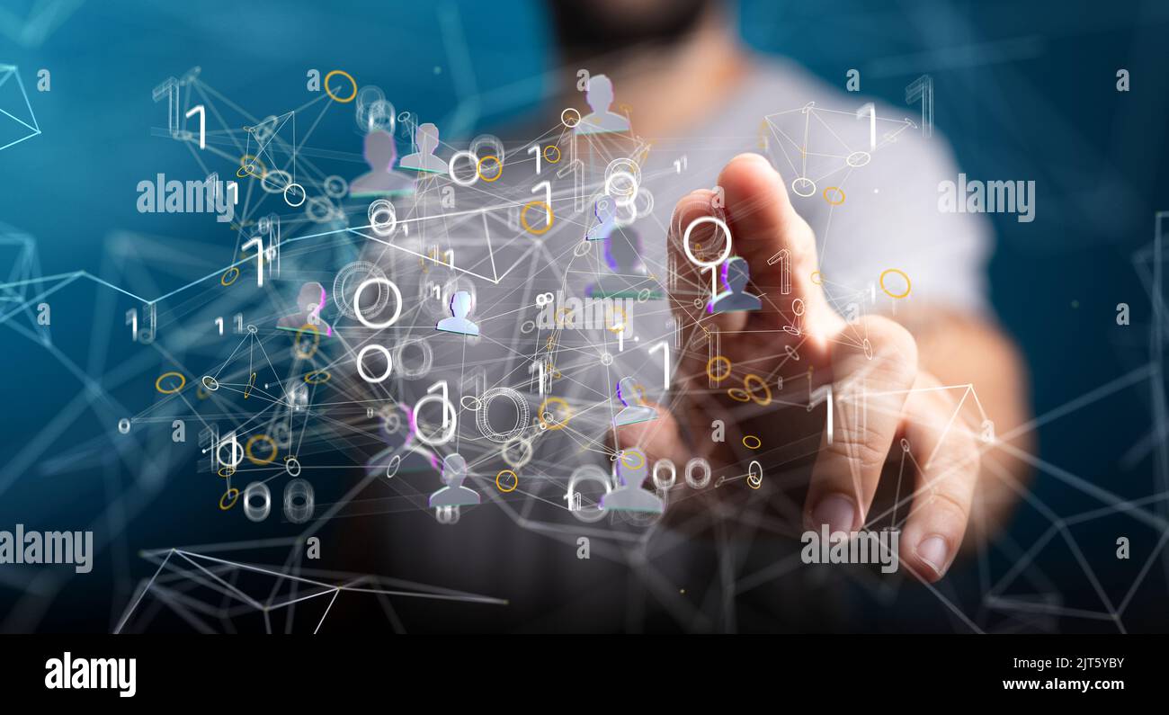 Un doigt touchant une illustration de la mise en réseau numérique, du concept de communication et du code binaire en 3D Banque D'Images