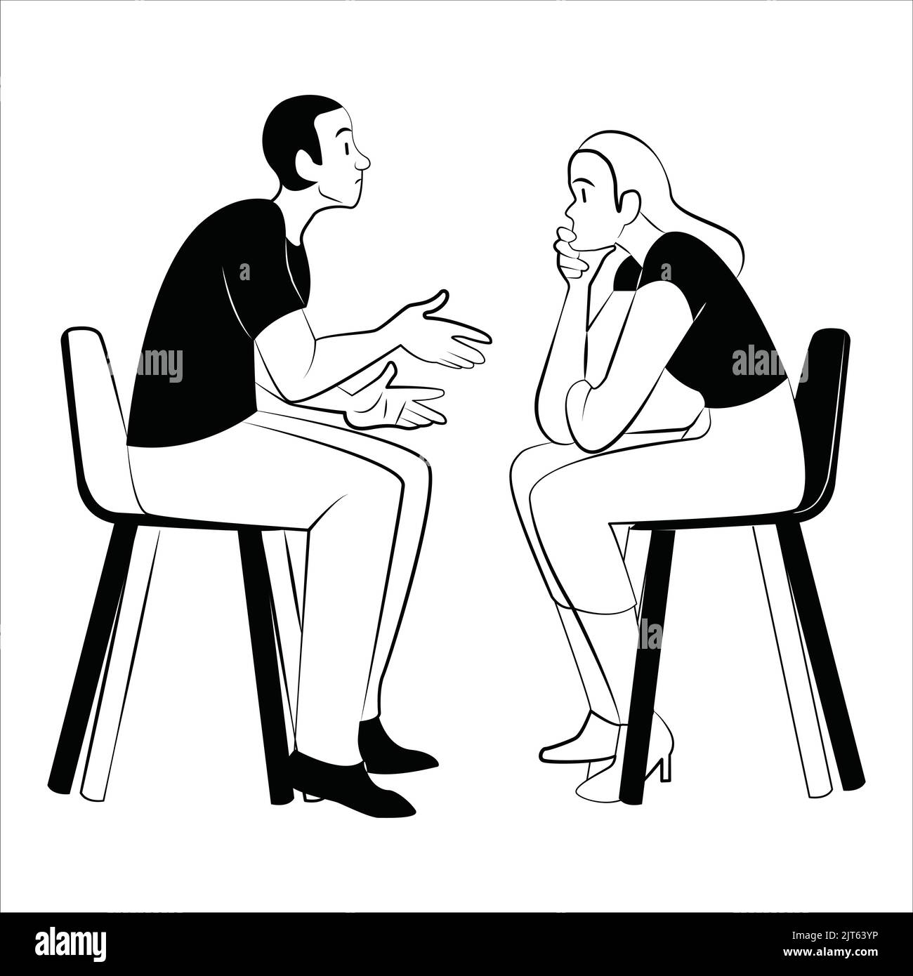 Un jeune garçon et une jeune fille qui parle - un couple assis sur des chaises - Un jeune couple qui parle dans un café assis - une clipart vectorielle Illustration de Vecteur