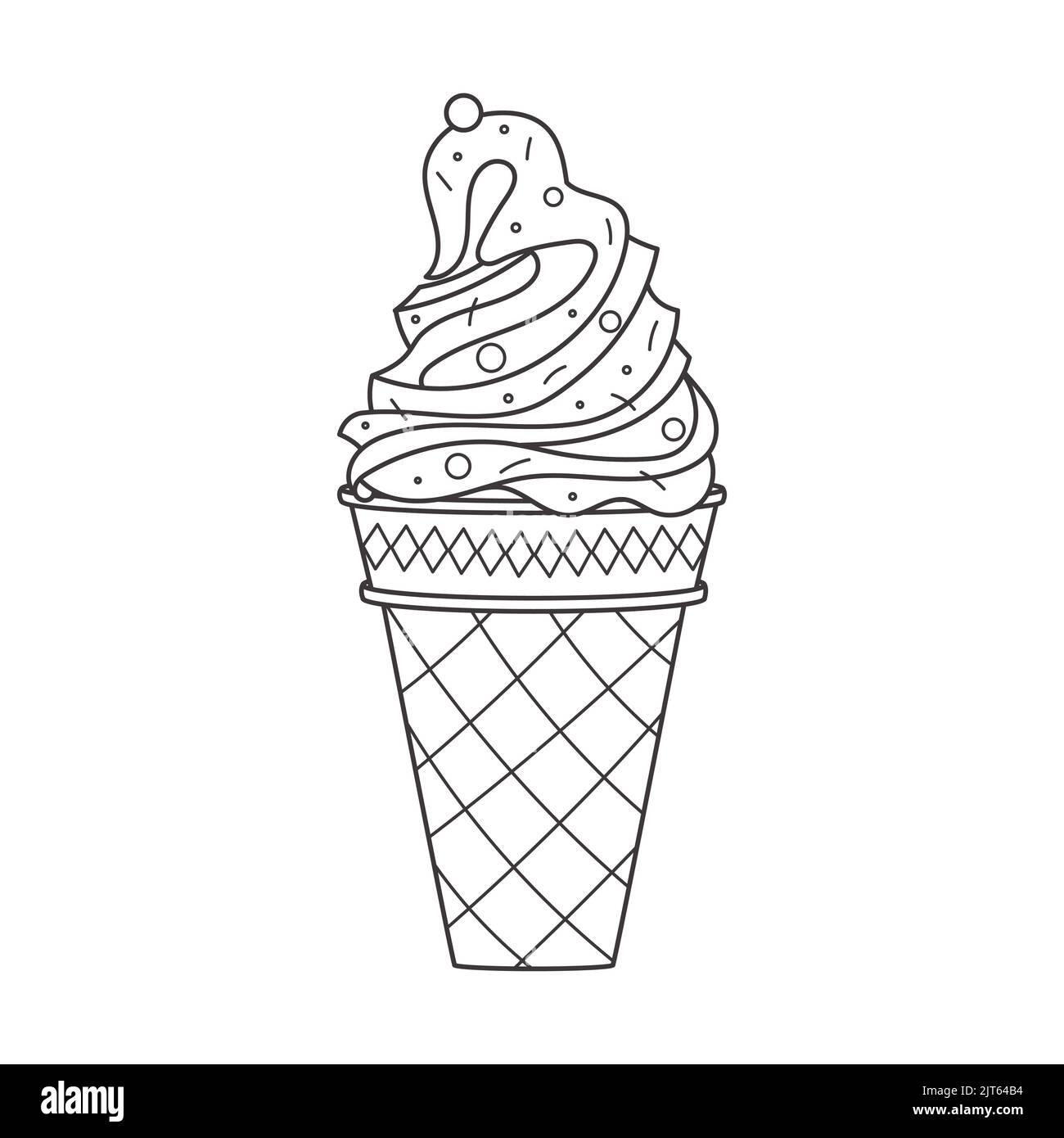 Démoulez la crème glacée dans un cornet de gaufres avec des saupoudrés. Mets sucrés d'été. Délicieux dessert congelé. Caniche linéaire vecteur main dessinée noir et blanc illust Illustration de Vecteur