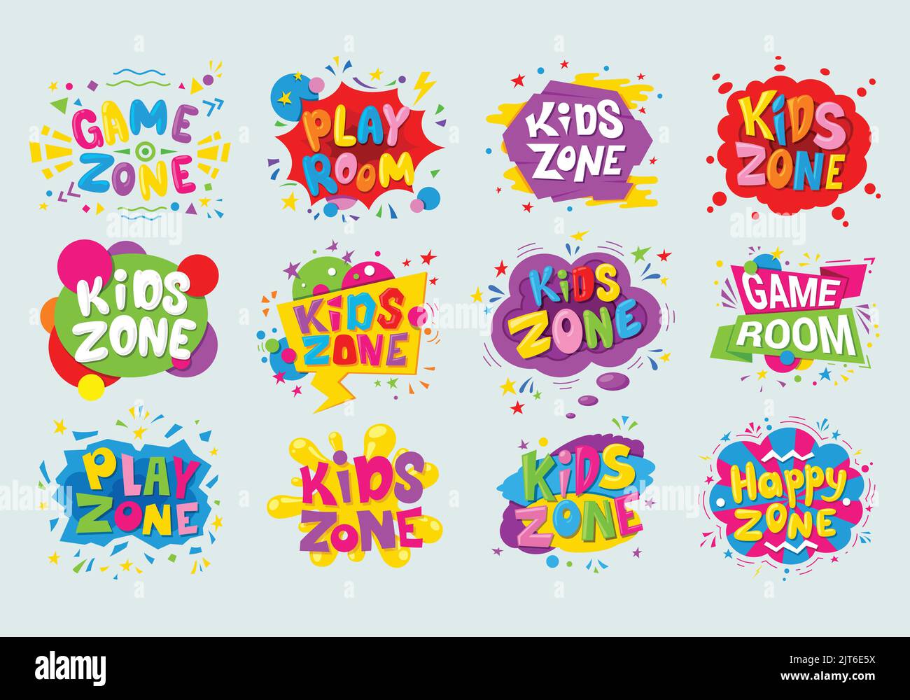 Ensemble de divertissement pour enfants – bannière pour enfants étiquette autocollant logo de l'insigne. Logo de dessin animé coloré pour la décoration de la salle de jeux pour enfants, vecteur de zone pour enfants Illustration de Vecteur