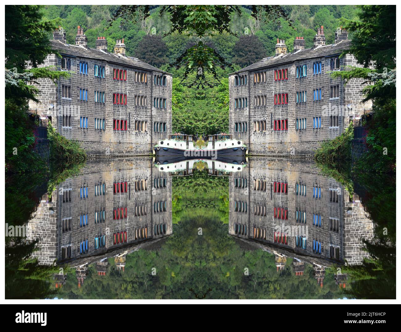 Symétrie, canal Rochdale, pont Hebden, West Yorkshire Banque D'Images