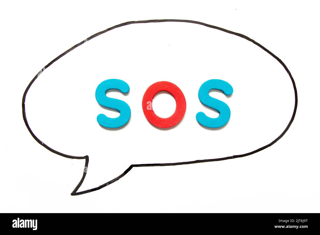 Lettre alphabétique avec le mot SOS (abréviation de Save Our Soul/Ship ou Sibling over Epaule) en ligne noire dessin main comme bulle de discours sur le tableau blanc Banque D'Images