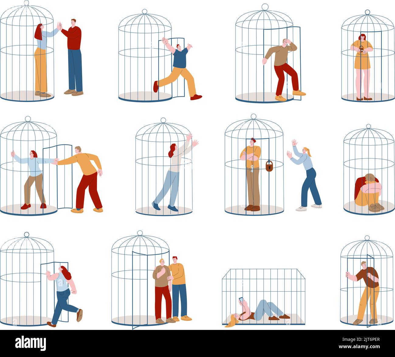 Personnes en cage. Cage limite la vie de la femme, l'indépendance personnelle et la personne de kick opprimée souduée. Sensation de liberté, santé mentale. Ouvrir fermer la porte Illustration de Vecteur