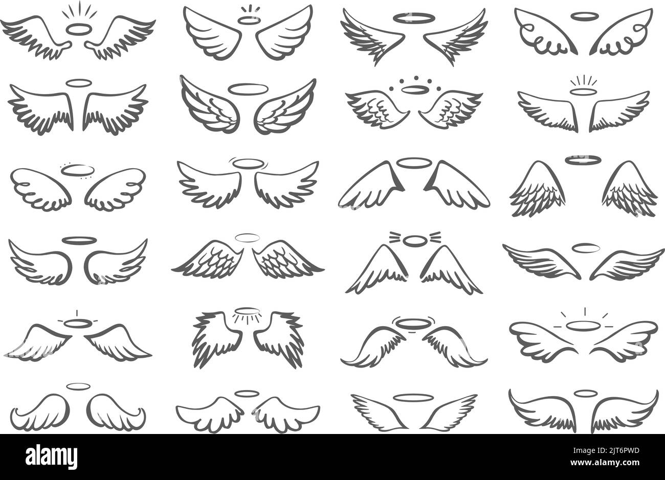 Ailes dessinées à la main avec halo. Symboles Holy Angels, éléments de dessin d'esquisse pour l'impression ou la décoration. Formes d'ailes d'oiseaux, vecteur néo-térique saint vintage Illustration de Vecteur