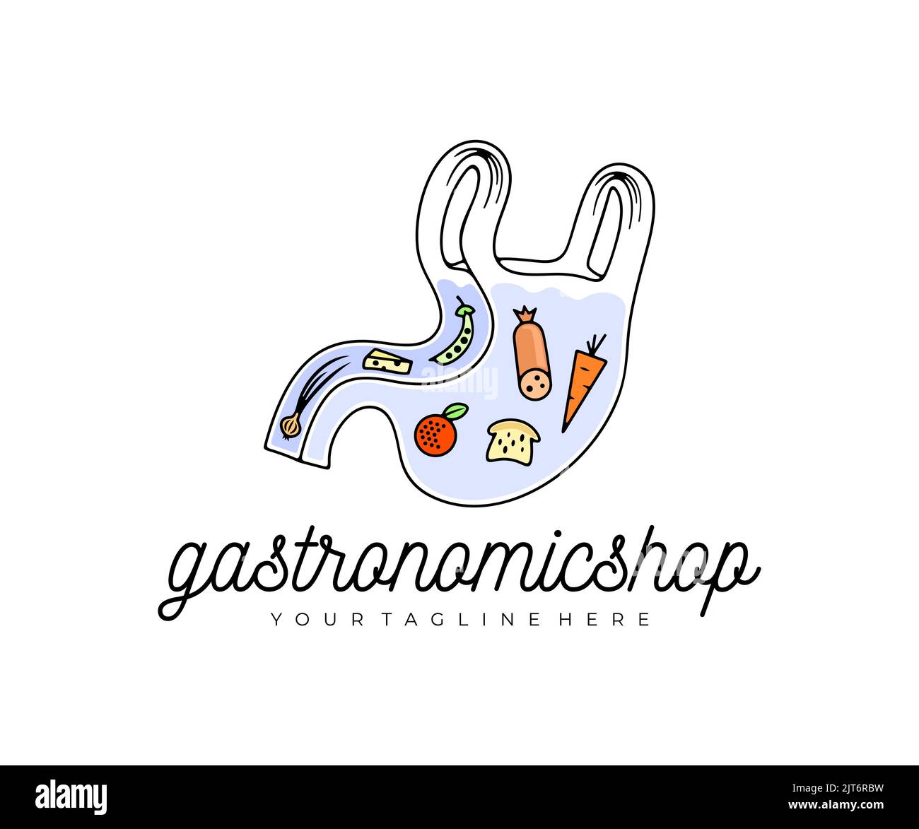 Estomac sous la forme d'un sac d'épicerie avec des produits, logo. Aliments, légumes, fruits, saucisses, pain et fromage, conception et illustration vectorielles Illustration de Vecteur