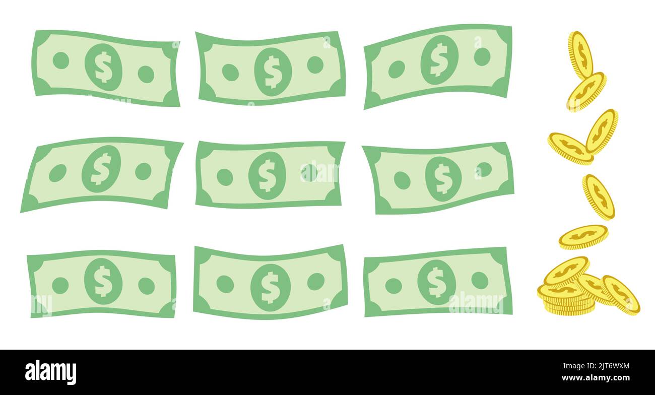 Ensemble de billets de banque et de pièces d'or en baisse en dollars américains isolés sur du blanc. Billets en devises volantes stylisés incurvés. Illustration de Vector eps8. Illustration de Vecteur