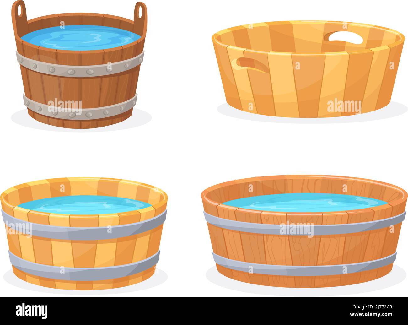 Baignoire en bois de dessin animé. Cuves en bois avec eau chaude, bains rustiques lavabos en bois baignoire ronde faite à la main pour laver sauna bain de vapeur spa ou stockage bol à vin, illustration vectorielle soignée du seau ou du baril Illustration de Vecteur