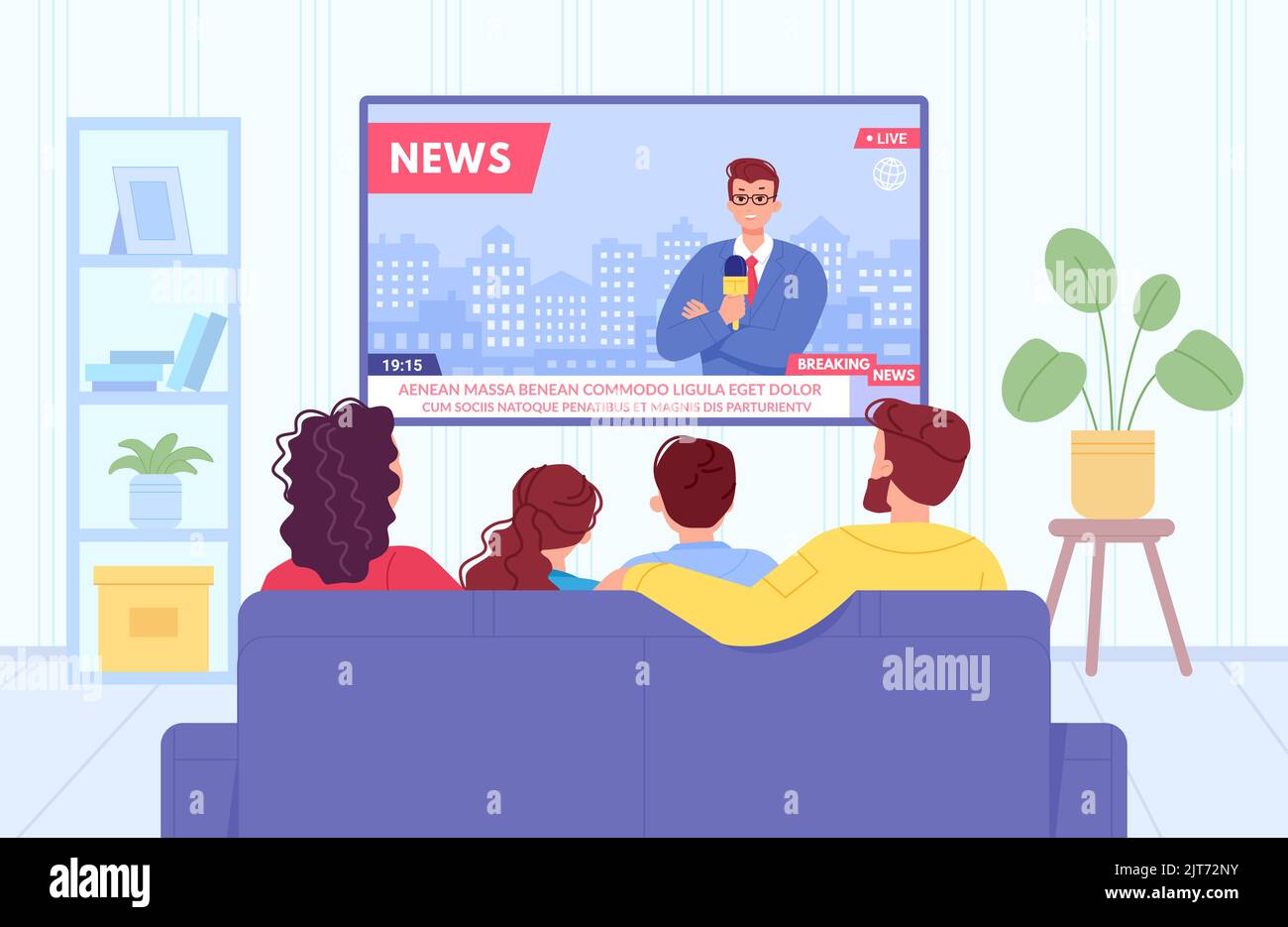 La famille regarde les nouvelles. Couple père mère enfants regarder l'écran de télévision sur canapé canapé canapé vue arrière, la technologie de l'information de réseau de télévision dans la chambre à la maison, swanky illustration de vecteur Illustration de Vecteur