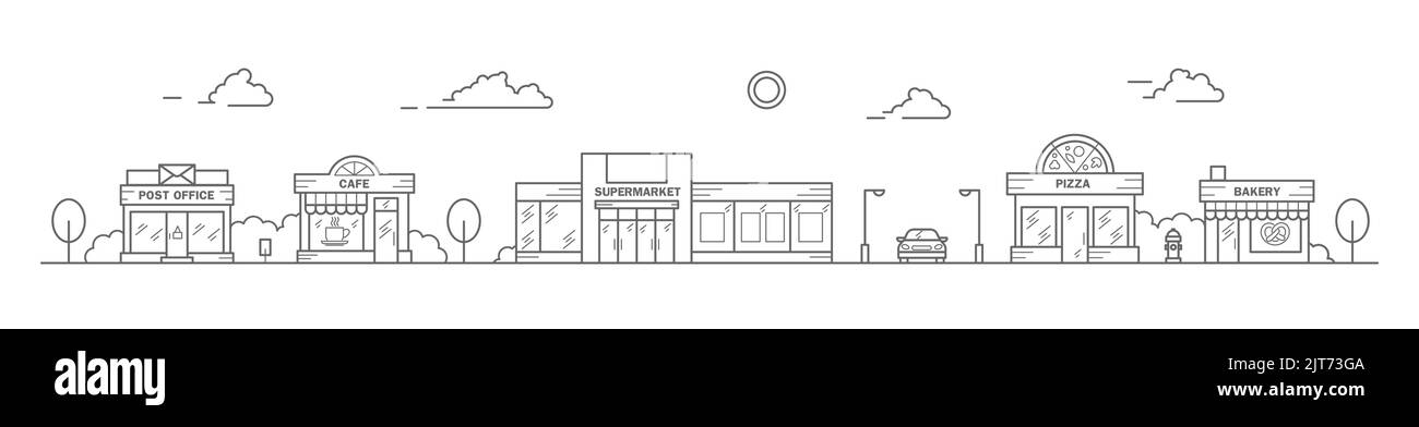 Vue sur la ville dans un style art de ligne. Paysage avec maisons en rangée de boulangerie, super marché, café et bureau de poste. Panorama horizontal de la rue. Vecteur Illustration de Vecteur