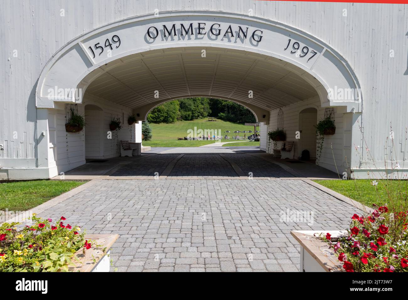 Entrée à la brasserie Ommegang. La brasserie Farmstead propose des dégustations de bières de style belge, ainsi qu'un café avec patio. Banque D'Images