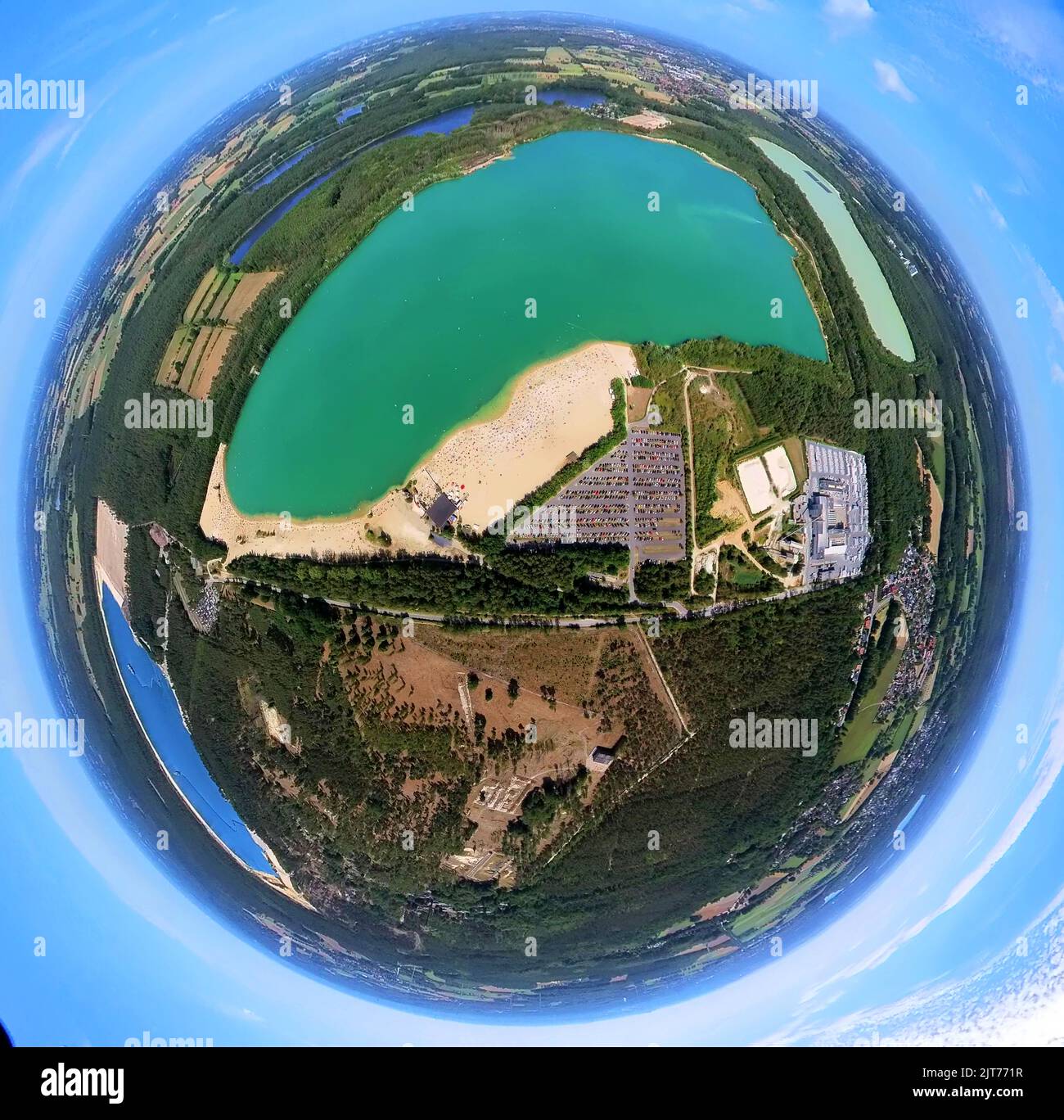 Baigneurs de photos aériennes dans le lac d'argent Haltern près de Sythen, se précipitent à l'eau turquoise à plus de 30 degrés, Lehmbraken, Haltern am See, région de Ruhr, non Banque D'Images