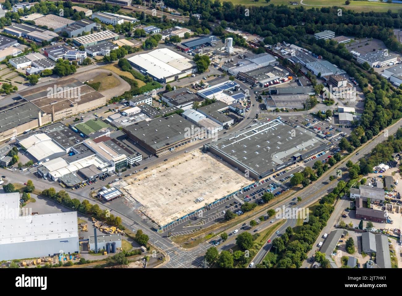 Vue aérienne, Rhin-Ruhr Port Mülheim, New Port Centre avec Edeka, Weseler Straße, zone industrielle, Speldorf, Mülheim an der Ruhr, région de Ruhr, Nord RHI Banque D'Images