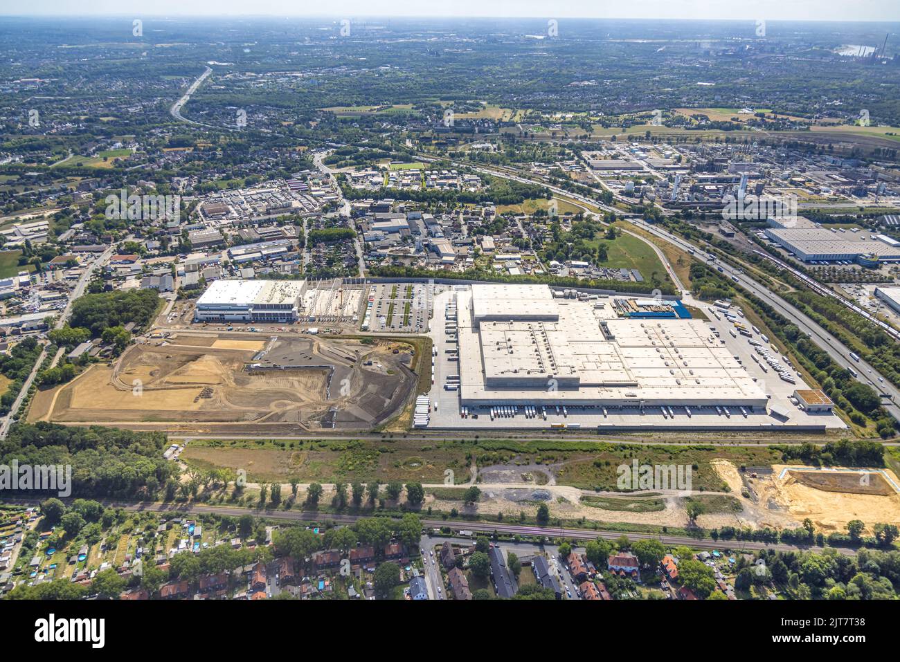 Vue aérienne, chantier de construction de l'entrepôt e-food de Picnic au centre logistique de l'entrepôt central d'Edeka sur l'autoroute A3, Waldteich, Schwarrze Heide, Banque D'Images