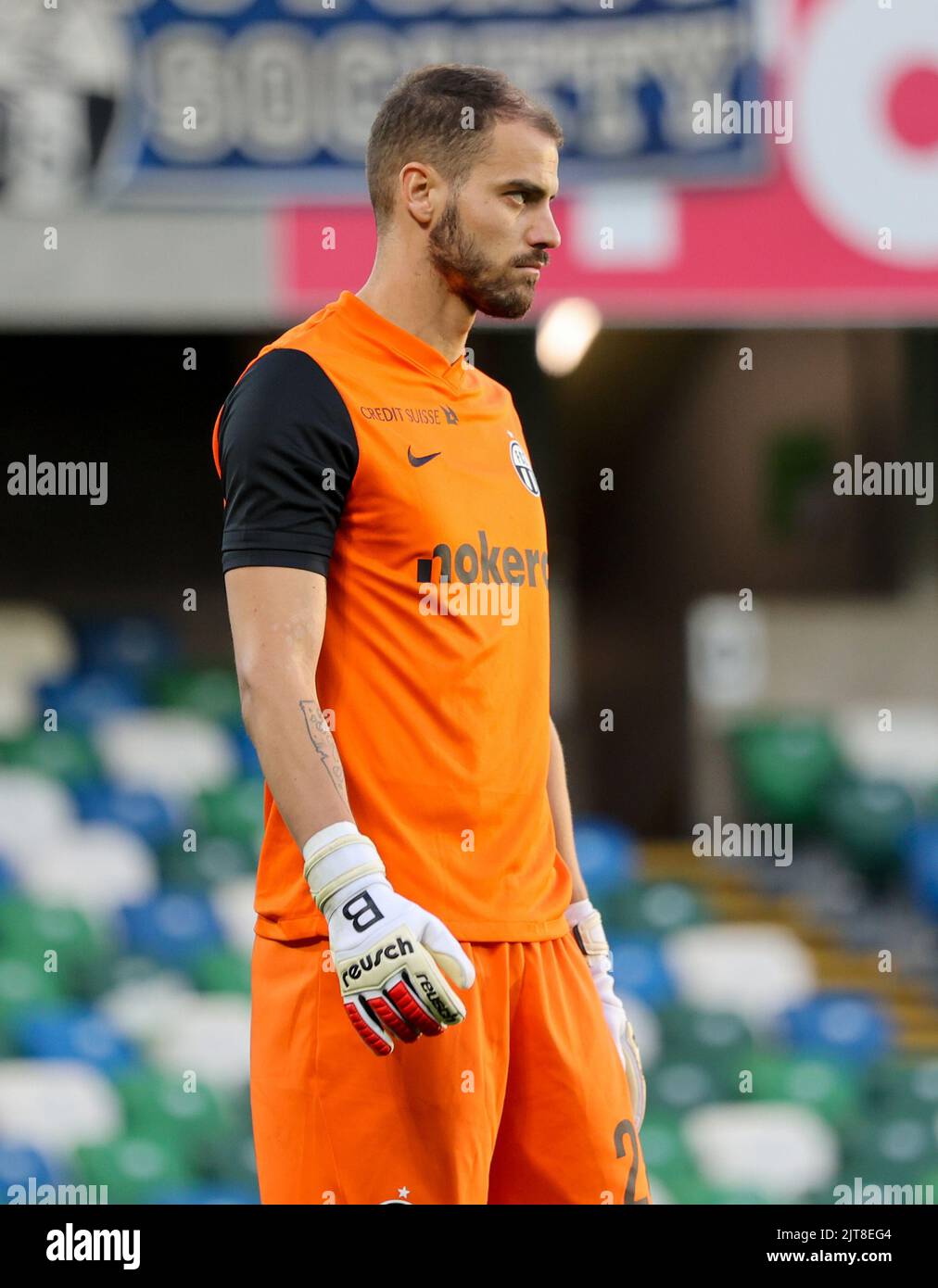 Windsor Park, Belfast, Irlande du Nord, Royaume-Uni. 04 août 2022. UEFA Europa League troisième cycle de qualification (première partie) – Linfield contre FC Zurich. Footballeur en action joueur de football du FC Zurich Yanick Brecher (25). Banque D'Images