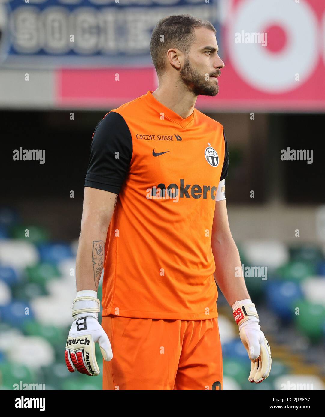 Windsor Park, Belfast, Irlande du Nord, Royaume-Uni. 04 août 2022. UEFA Europa League troisième cycle de qualification (première partie) – Linfield contre FC Zurich. Footballeur en action joueur de football du FC Zurich Yanick Brecher (25). Banque D'Images