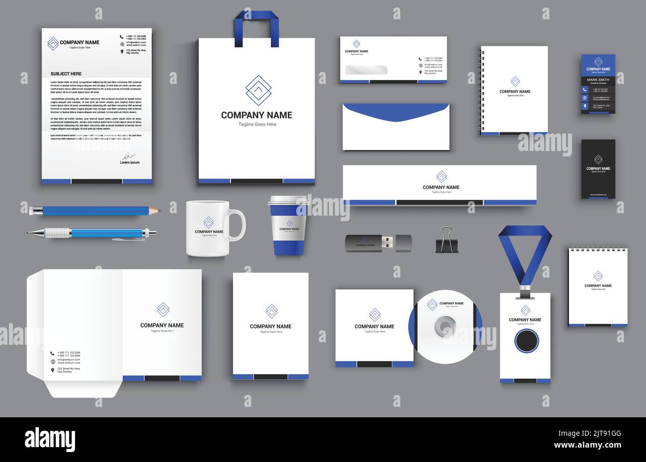 ensemble de papeterie professionnel bleu noir blanc à motif vectoriel de couleur avec enveloppe à tête de lettre dossier carte d'identification bloc-notes couverture dvd trombone usb stylo pe Illustration de Vecteur