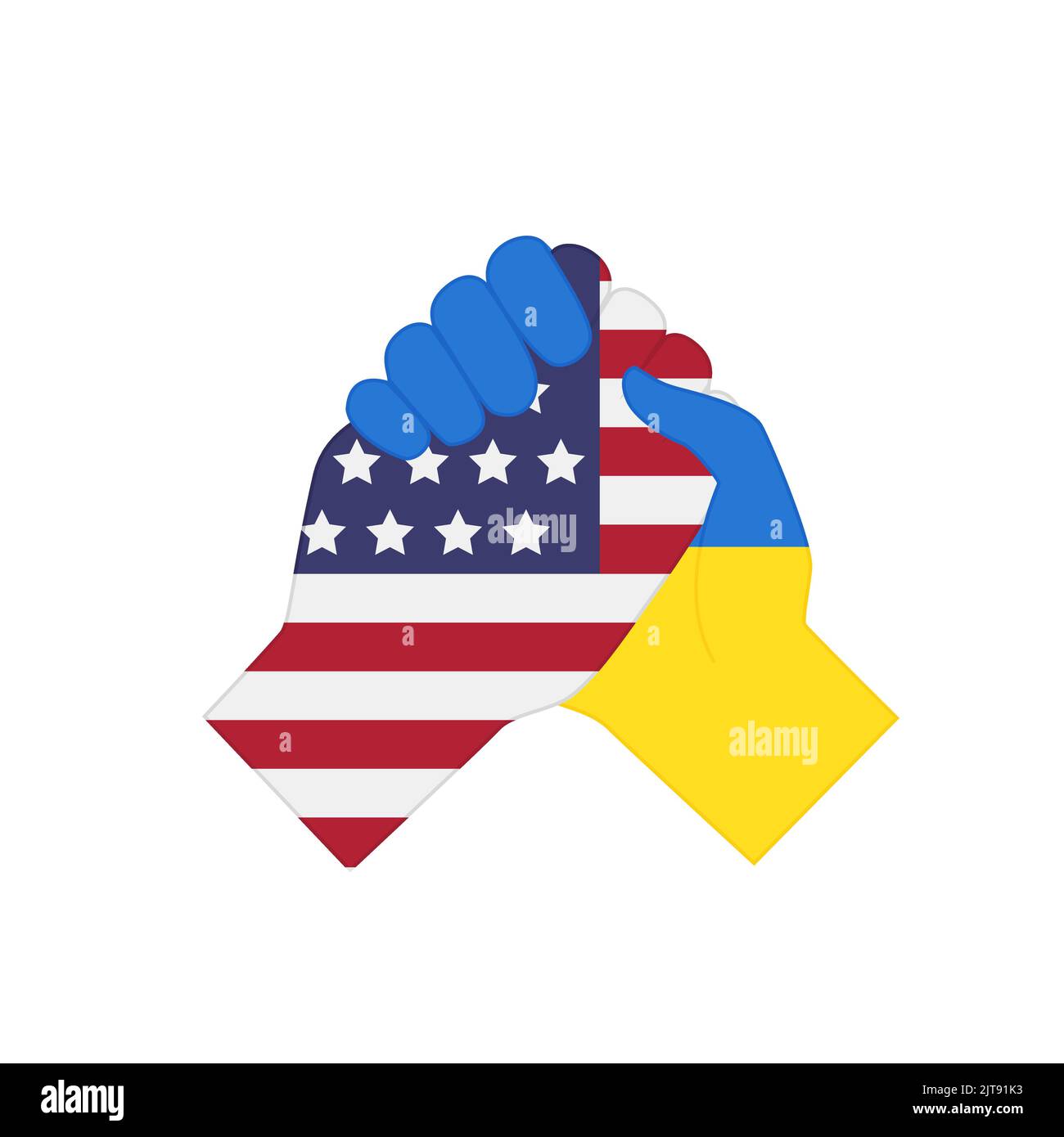 Poignée de main partenaire avec les drapeaux de l'Ukraine et des États-Unis d'Amérique. Soutien, aide, amitié et partenariat entre les pays, symbole de l'unité des Américains et des Ukrainiens illustration vectorielle plate Illustration de Vecteur