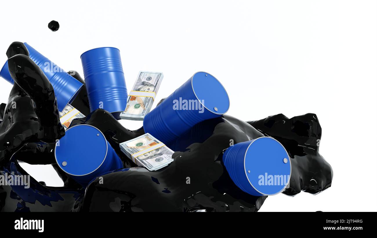 Le pétrole brut éclabousse avec des barils et des billets de banque en dollars, concept du marché pétrolier, industrie du pétrole, 3D rendu. Banque D'Images