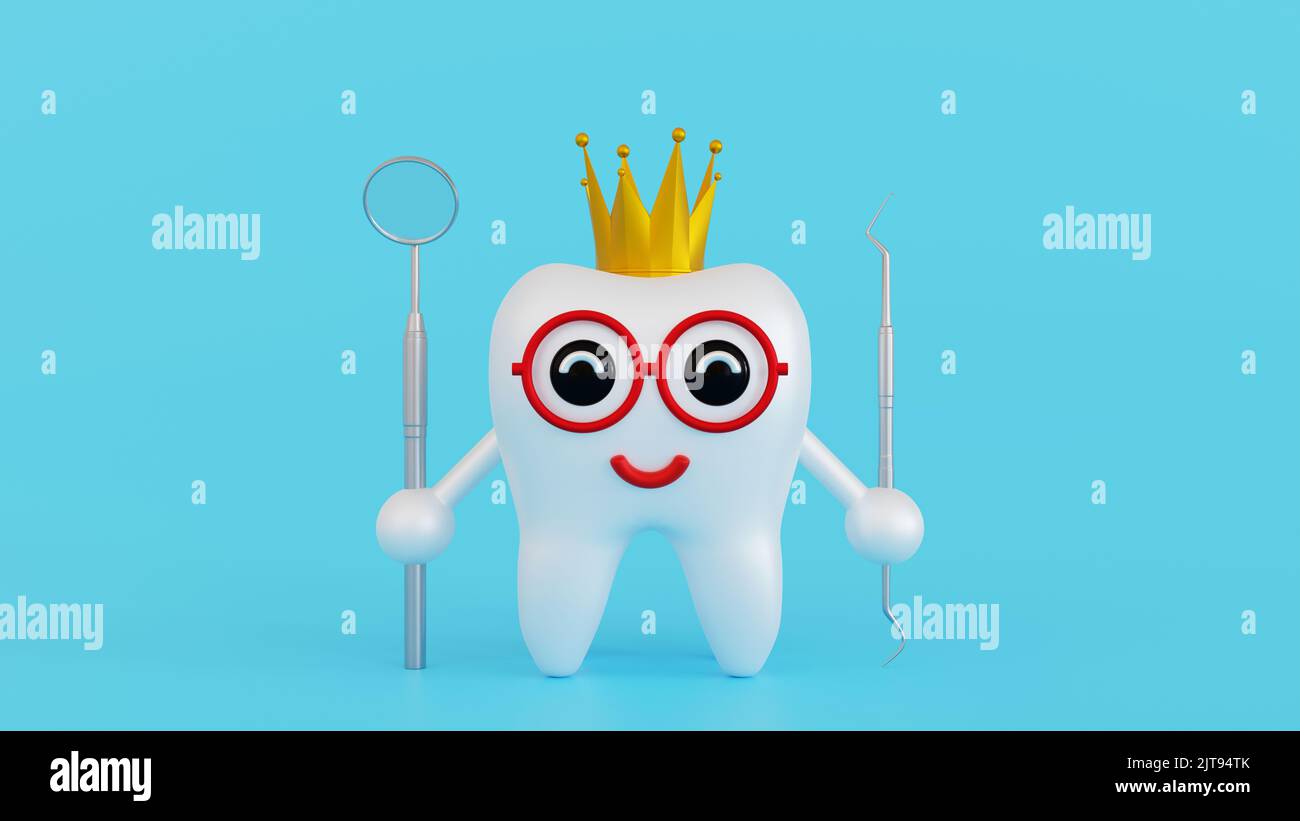 Mignon personnage de dent humaine avec le visage heureux tenant l'équipement dentaire ou la brosse à dents, concept de soins dentaires, 3D rendu. Banque D'Images
