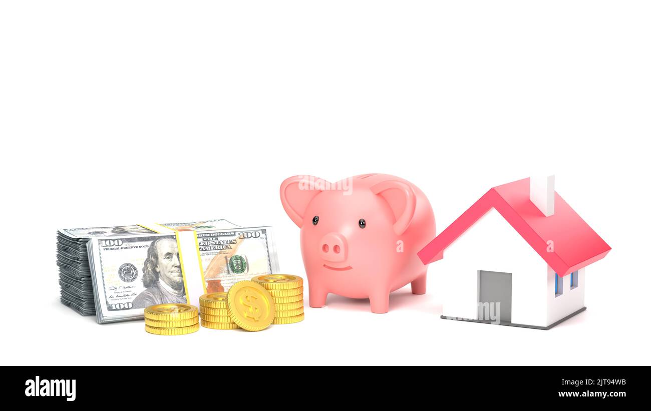 3D rendu, banque Piggy et maison modèle avec billet de banque et pièce d'or, économiser de l'argent pour le concept de maison. Banque D'Images