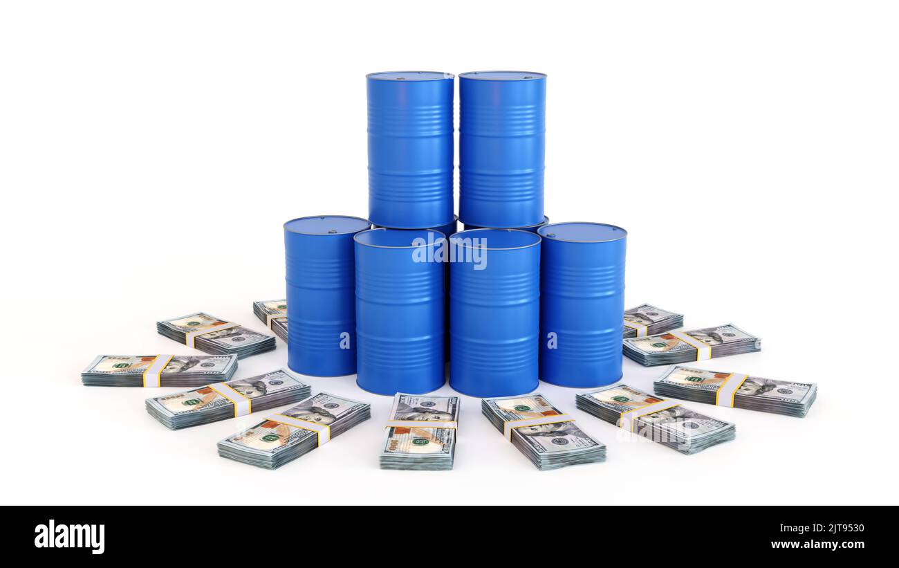 Barils de pétrole et billets de banque en dollars, concept de marché du pétrole, industrie du pétrole, 3D rendu. Banque D'Images
