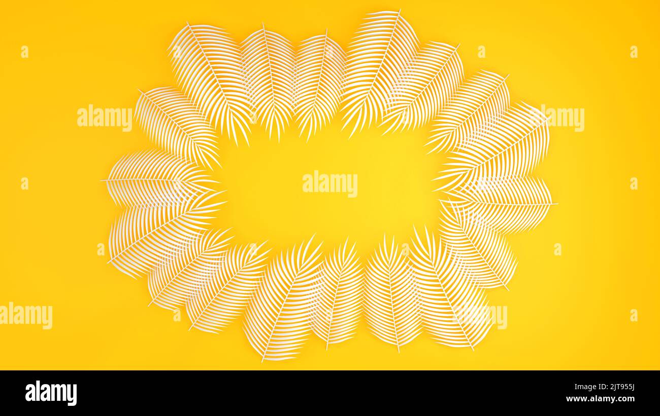 Palmier blanc sur fond jaune, concept été ou vacances, rendu 3D. Banque D'Images
