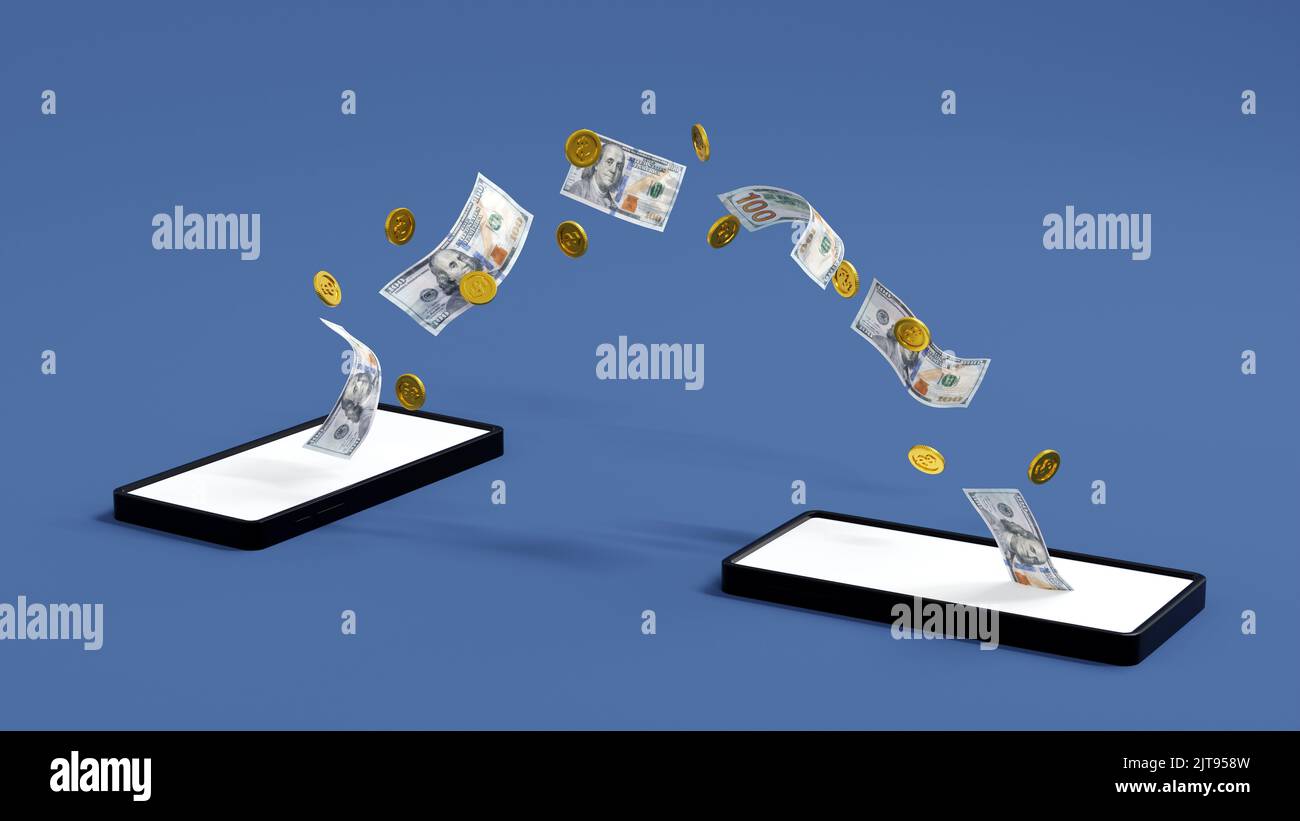 Concept de banque mobile, monnaie et billet de banque de dollar se déplaçant de smartphone à autre téléphone portable, transfert d'argent en ligne e-portefeuille, 3D rendu. Banque D'Images