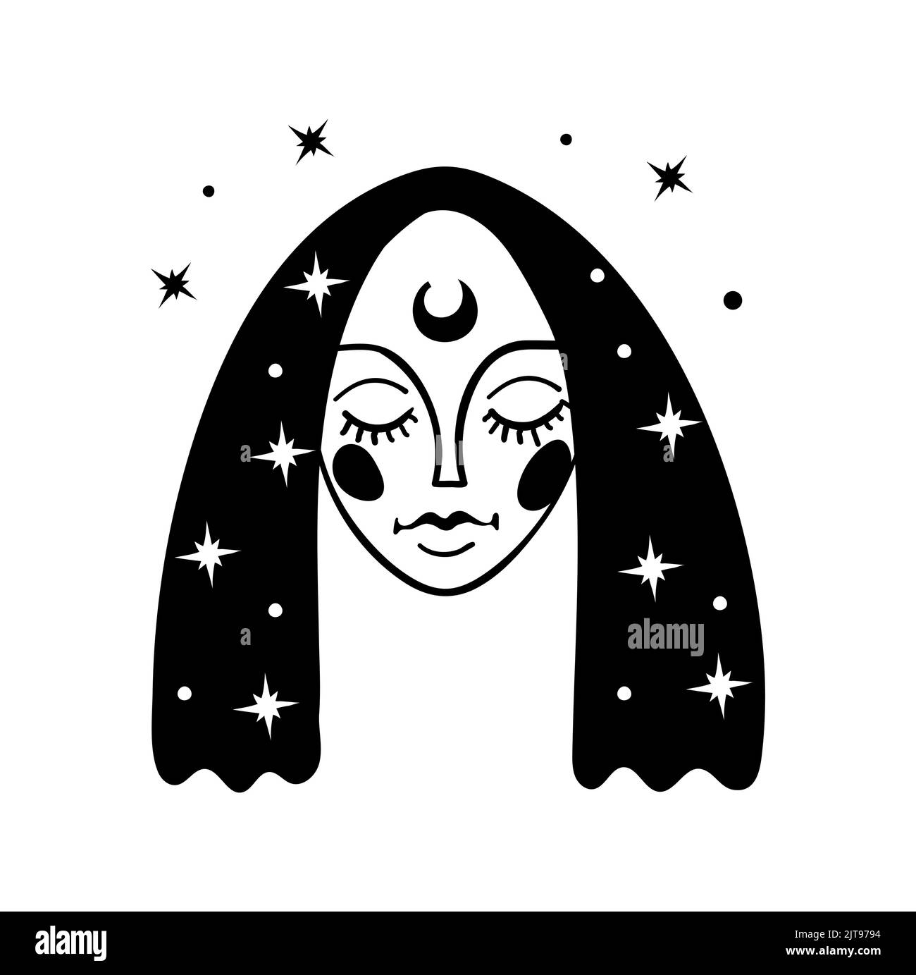 Visage de fille avec des yeux fermés et des étoiles dans ses cheveux, simple boho tatouage, logo mystique. Illustration vectorielle pour halloween isolée sur fond blanc Illustration de Vecteur