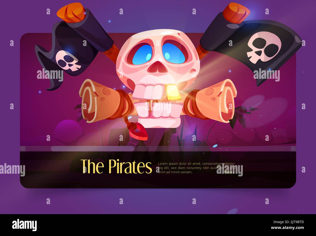 Bannière Pirates avec crâne, vieux défilement avec carte et drapeaux noirs avec Jolly roger. Illustration vectorielle de la tête du squelette du marin avec une dent d'or et du parchemin avec une corde Illustration de Vecteur