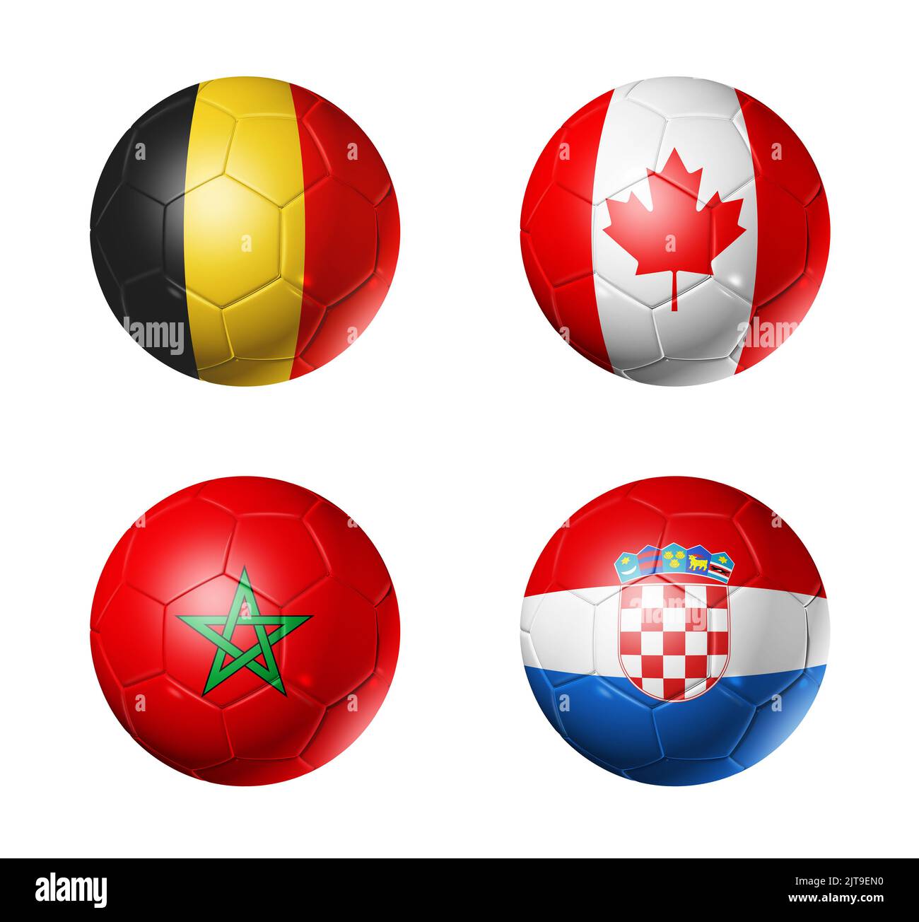 Ballons de football avec drapeaux des équipes du groupe F, concours de football Qatar 2022. 3D illustration isolée sur fond blanc Banque D'Images