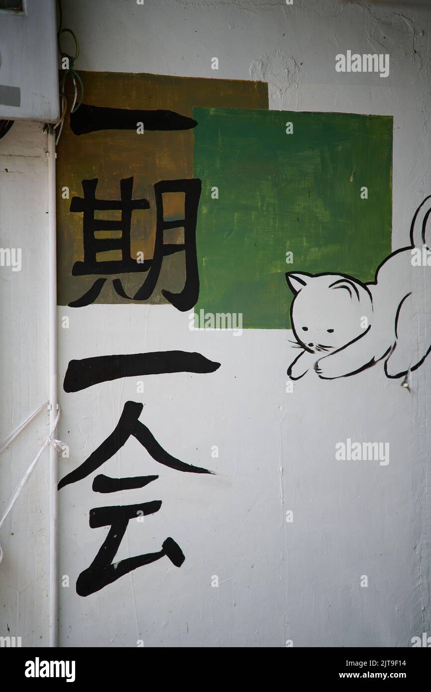 Un gros plan vertical d'un symbole chinois et un dessin d'un chat jouant sur le mur à Tai O, Hong Kong Banque D'Images