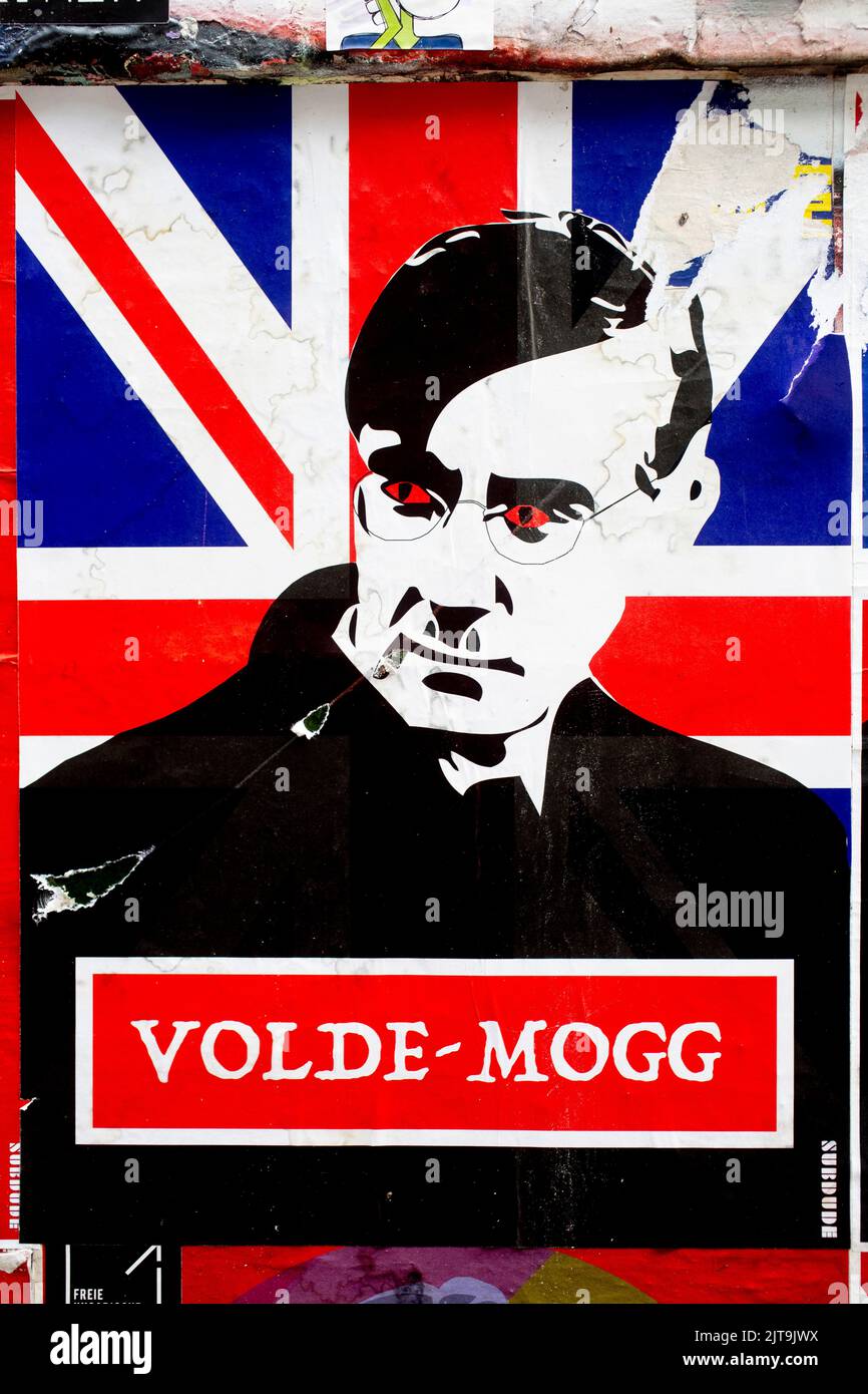 Homme politique Jacob Rees Mogg et Union Jack affiche à Londres , Royaume-Uni . Banque D'Images