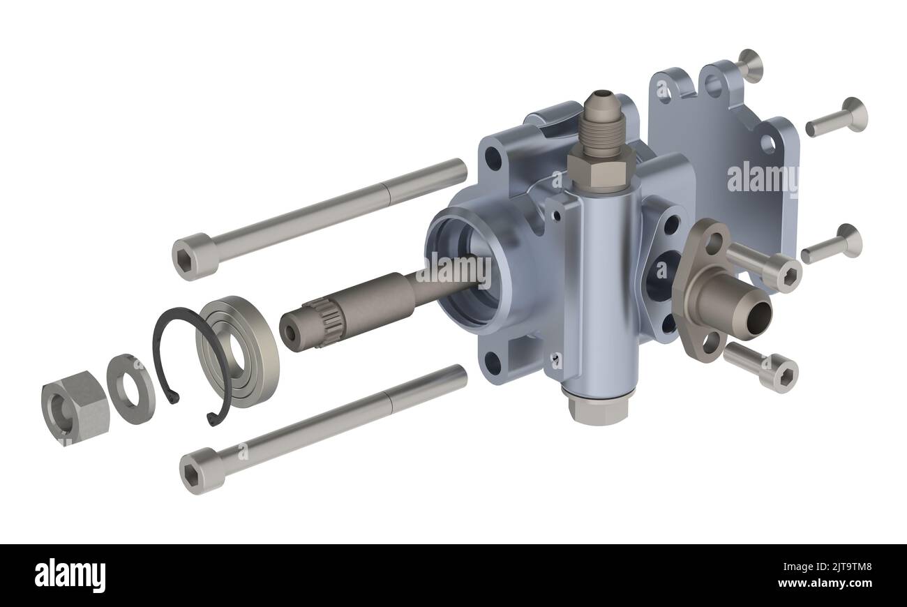 Pompe de direction automobile dans la vue éclatée 3D rendu Banque D'Images