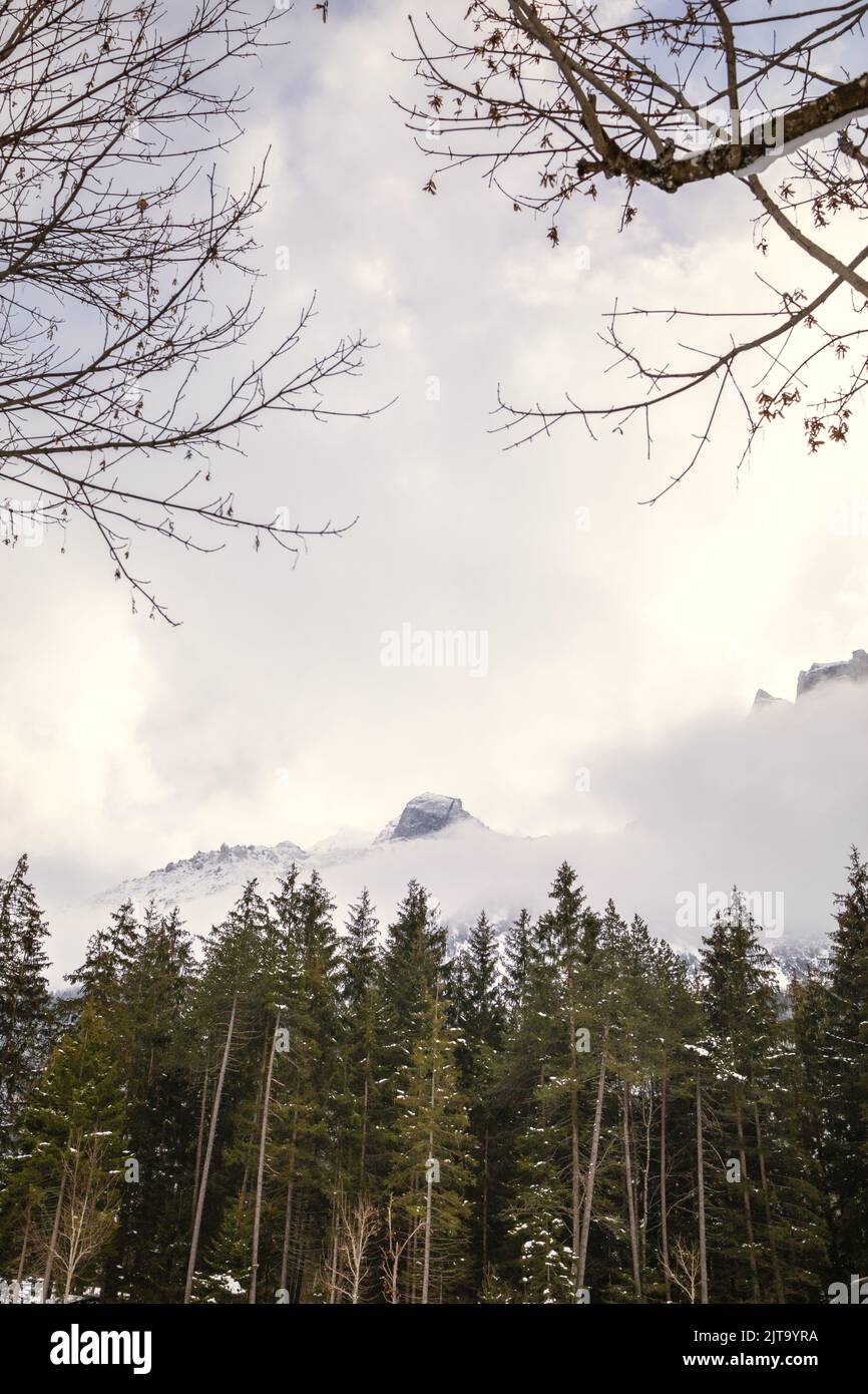 Paysage pittoresque de montagne enneigé par une journée nuageux Banque D'Images