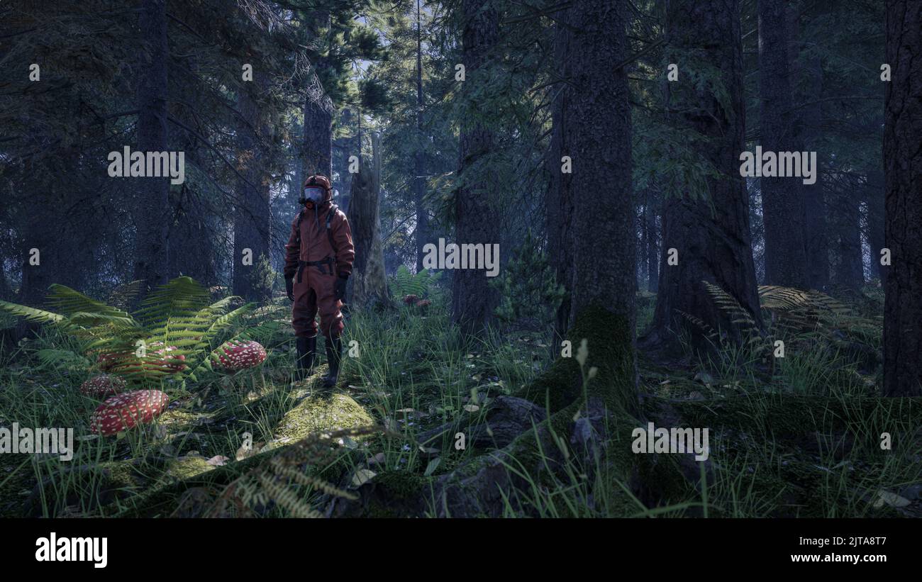 Un homme porte un masque toxique de protection dans la jungle. Concept futur de pollution de l'environnement terrestre. 3d rendu Banque D'Images