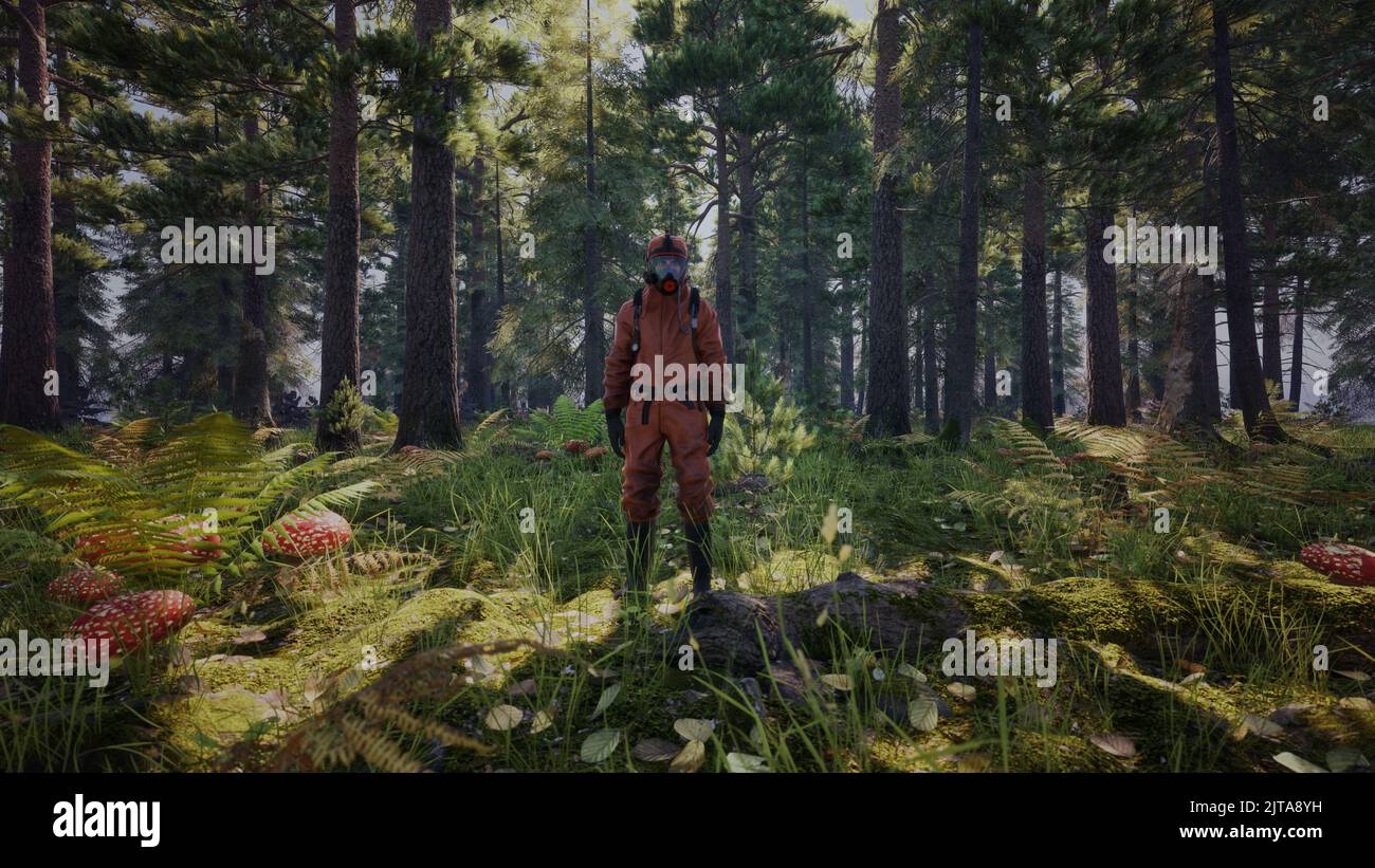 Un homme porte un masque toxique de protection dans la jungle. Concept futur de pollution de l'environnement terrestre. 3d rendu Banque D'Images