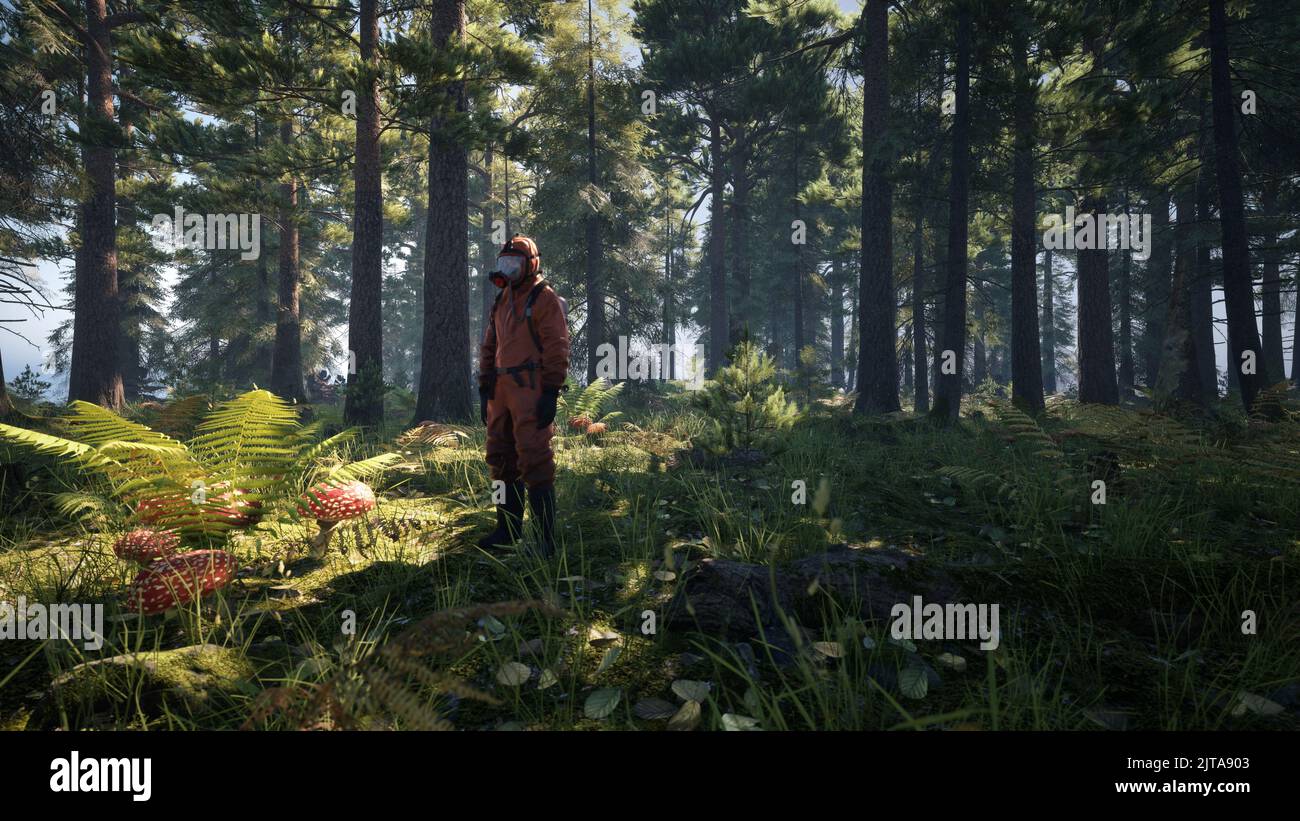 Un homme porte un masque toxique de protection dans la jungle. Concept futur de pollution de l'environnement terrestre. 3d rendu Banque D'Images