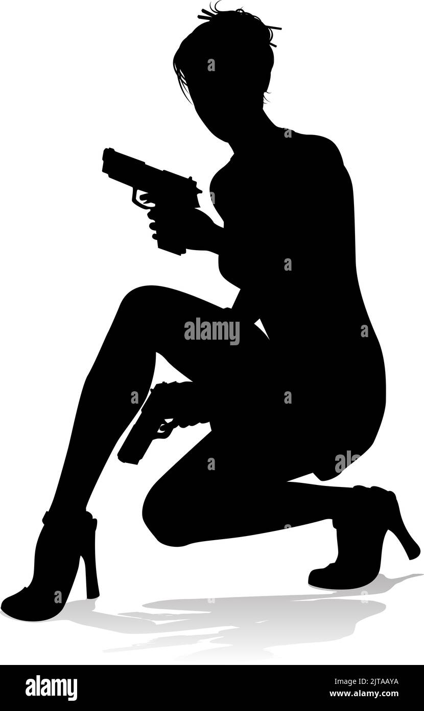 Femme Silhouette action Secret Agent Spy avec pistolet Illustration de Vecteur