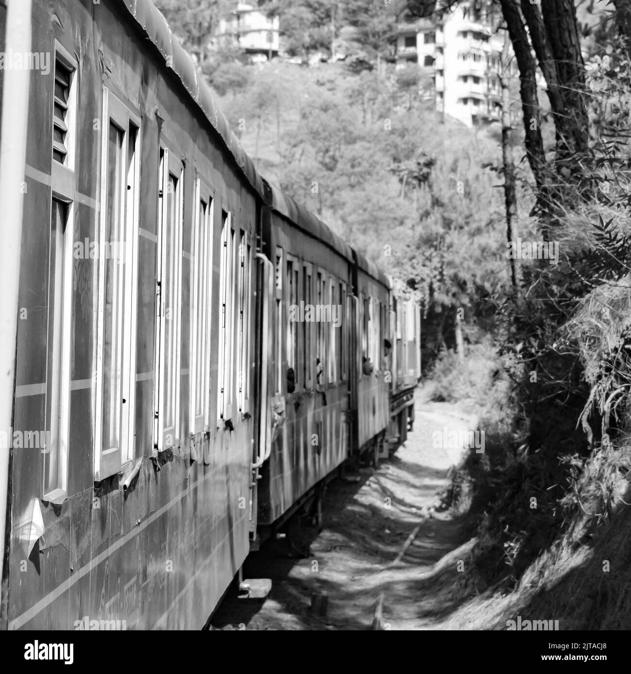 Toy train se déplaçant sur la pente de montagne, belle vue, un côté montagne, un côté vallée se déplaçant sur le chemin de fer à la colline, parmi la forêt naturelle verte.Toy t Banque D'Images