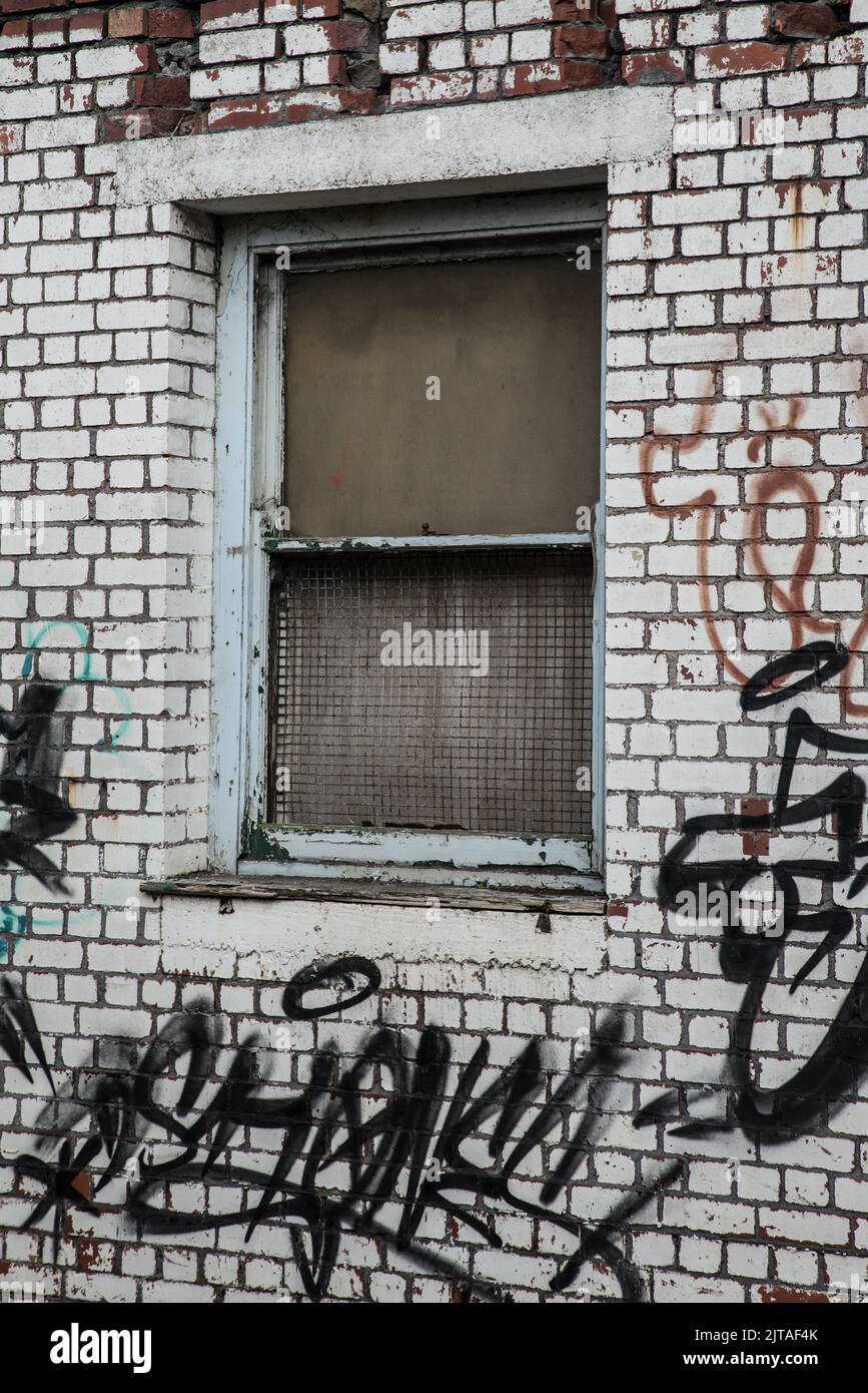 Vieille fenêtre boarée dans un mur de briques blanches avec graffitti Banque D'Images