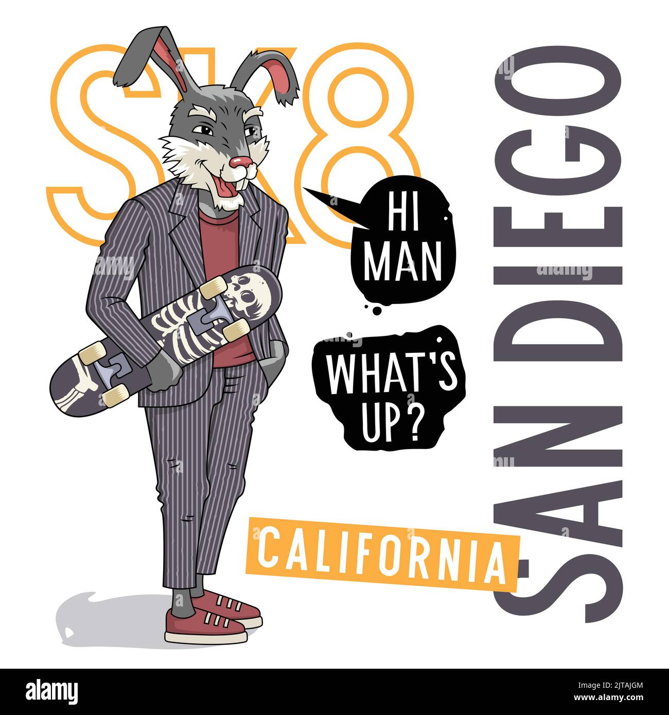 illustration vectorielle d'un lapin dans un costume classique tenant un skateboard pour le motif t-shirt enfant Illustration de Vecteur