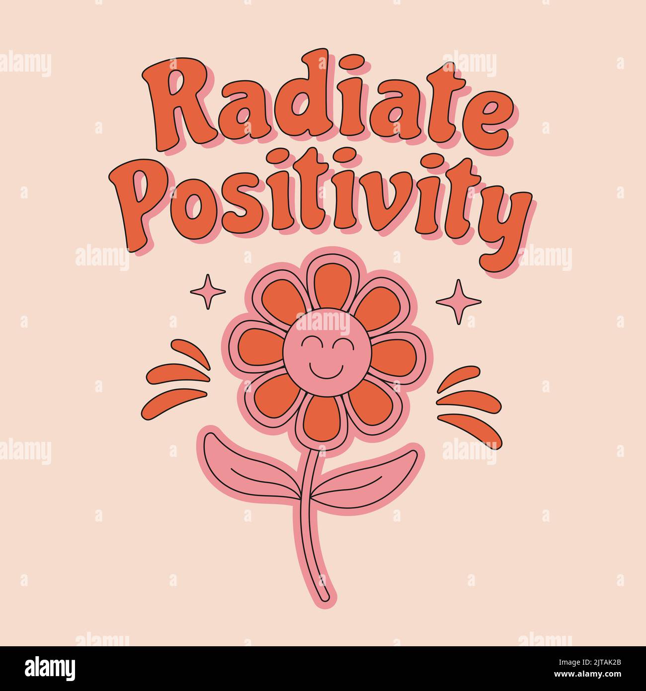 70s rétro hippie inspiration rayonnant positivité slogan avec jolie fleur pour t-shirts, affiches, cartes. Illustration vectorielle. Illustration de Vecteur