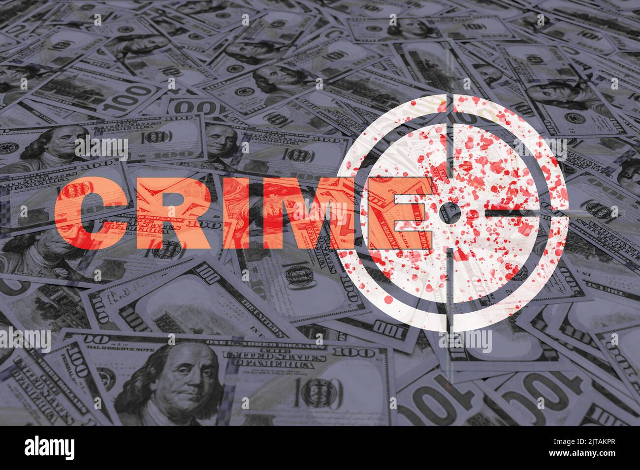 Image stylisée sur le thème de l'argent criminel. Concept de l'argent du sang. L'argent et le mot crime Banque D'Images