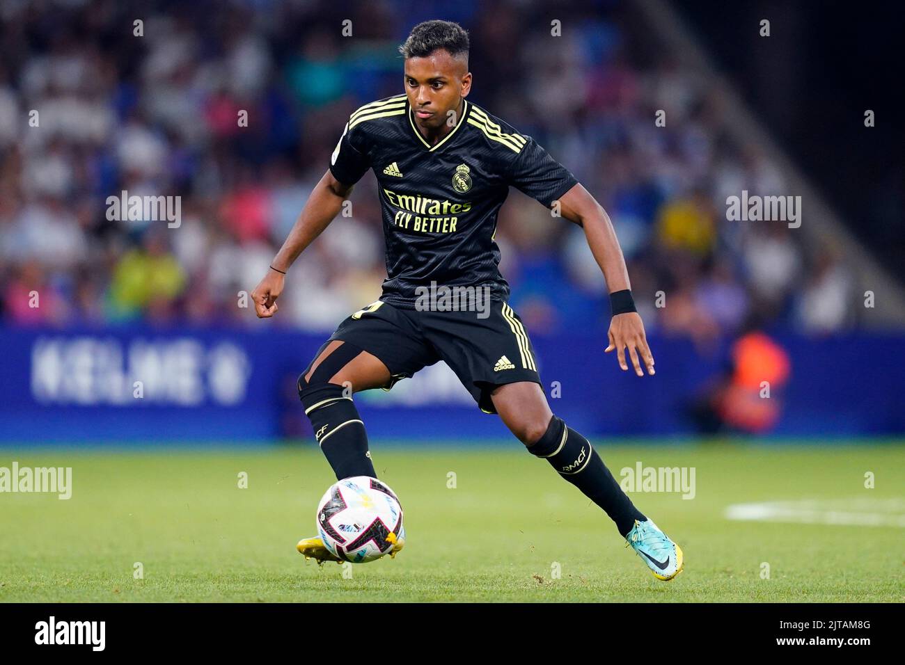 Rodrygo sort du Real Madrid lors du match de la Liga entre le RCD Espanyol et le Real Madrid, joué au stade RCDE sur 28 août 2022 à Barcelone, Espagne. (Photo de Sergio Ruiz / PRESSIN) Banque D'Images