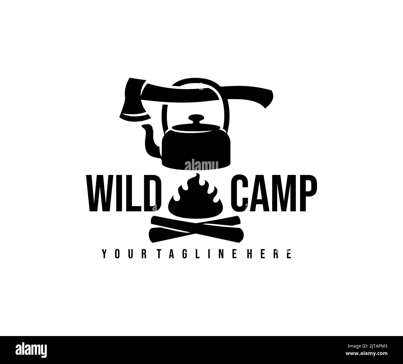 Camp, camping, hache, bouilloire et feu de camp avec feu, logo. Randonnée, aventure, survie et tourisme, conception et illustration de vecteurs Illustration de Vecteur