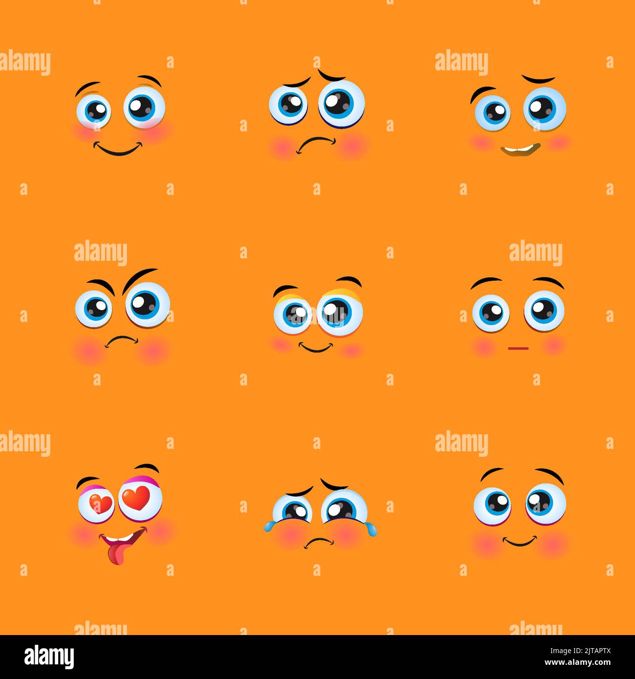 Visages de dessin animé. Expressions du visage drôles, émotions de caricature. Adorable personnage avec différents yeux expressifs et la bouche, vecteur Happy emoticon collection. Illustration de Vecteur