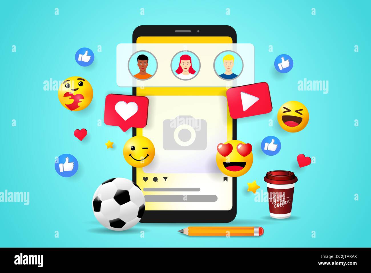 3D plate-forme de médias sociaux, concept de communication en ligne. Modèle d'application, emoji, hearts, ball, chat et graphique avec fond de smartphone. Vecteur Illustration de Vecteur
